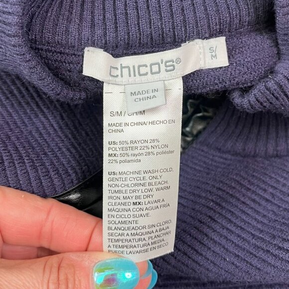 Chicos Purple Ruana Poncho Cape Sweater Zip Front Faux Leather Accent Trim S/M - Picture 8 of 12